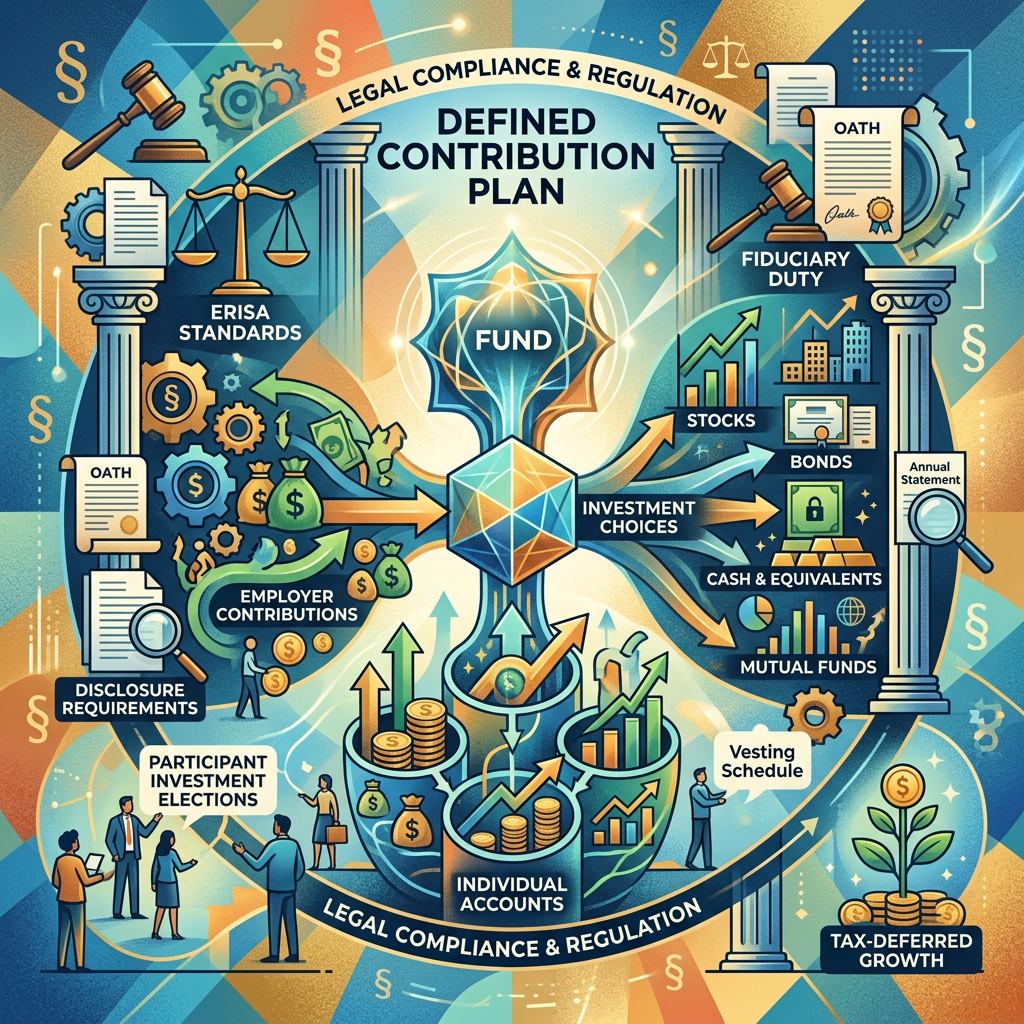 Diagram of defined contribution plan elements including fund, investment choices, employer contributions, legal compliance, and tax-deferred growth